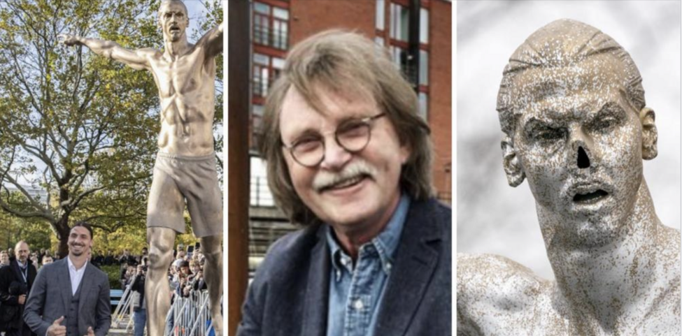 Tre foton samlade i en bild. Ett av Zlatan tillsammans med sin staty vid invigningen av den. Ett av Professor Roger Johansson på Lunds universitet. Och ett av Zlatanstatyn efter vandaliseringen, när näsan är borta.